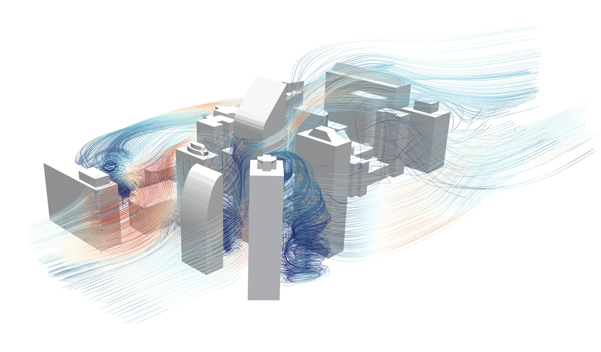 Streamlines around a cluster of tall buildings from a CFD simulation