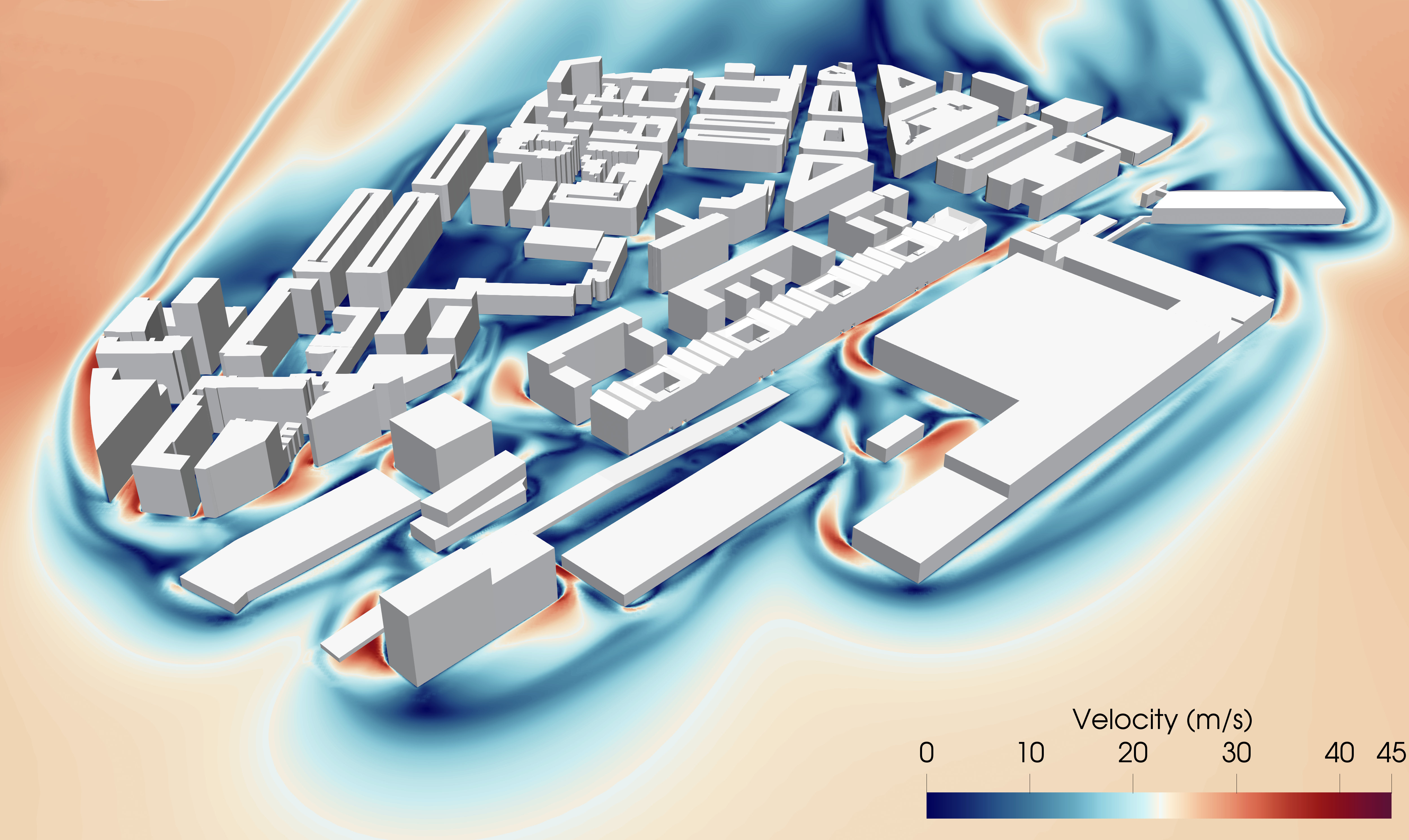 Carte de contours CFD de la vitesse du vent dans le quartier des Docks à Marseille