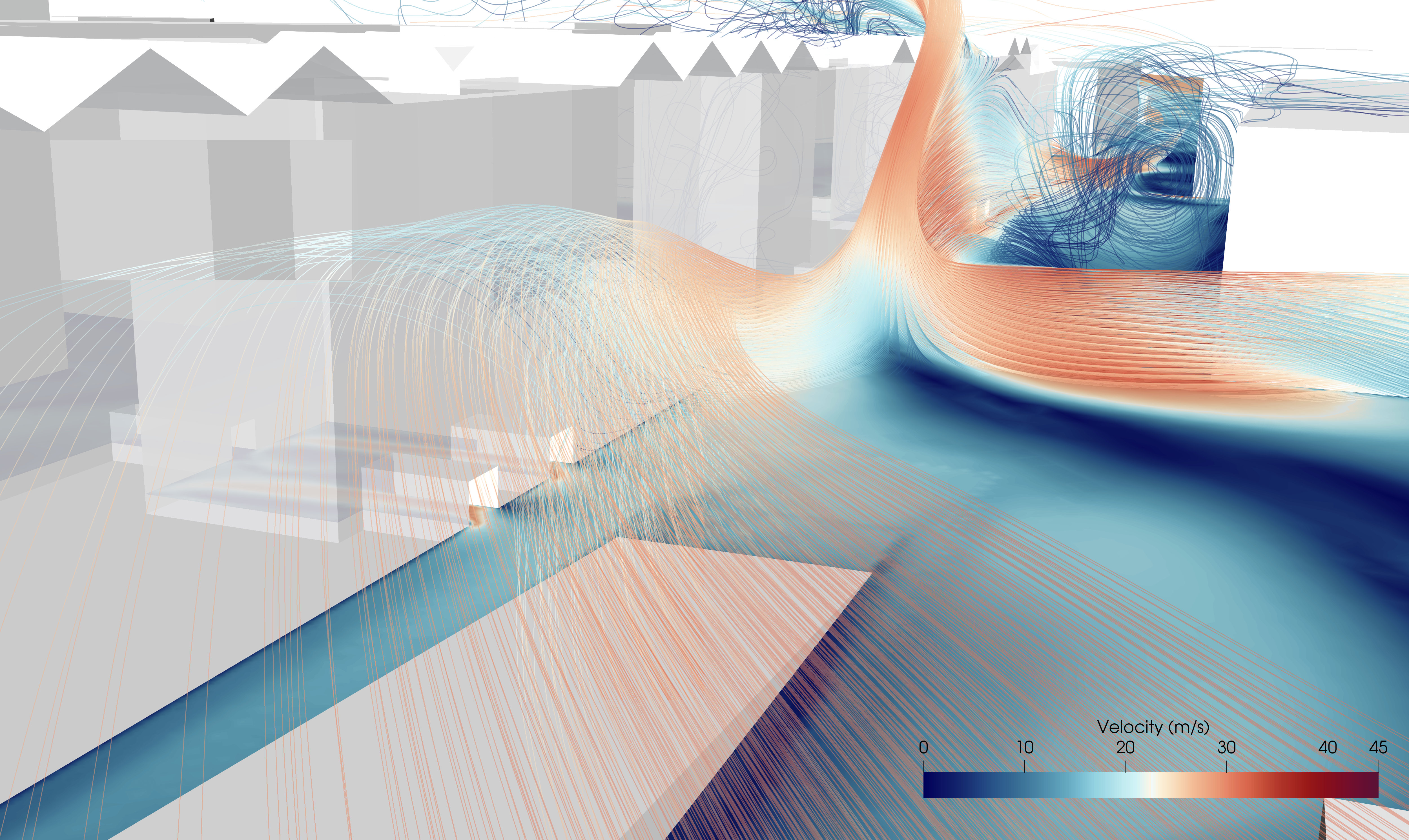 CFD streamlines and pedestrian wind contours around the Les Docks building in Marseille