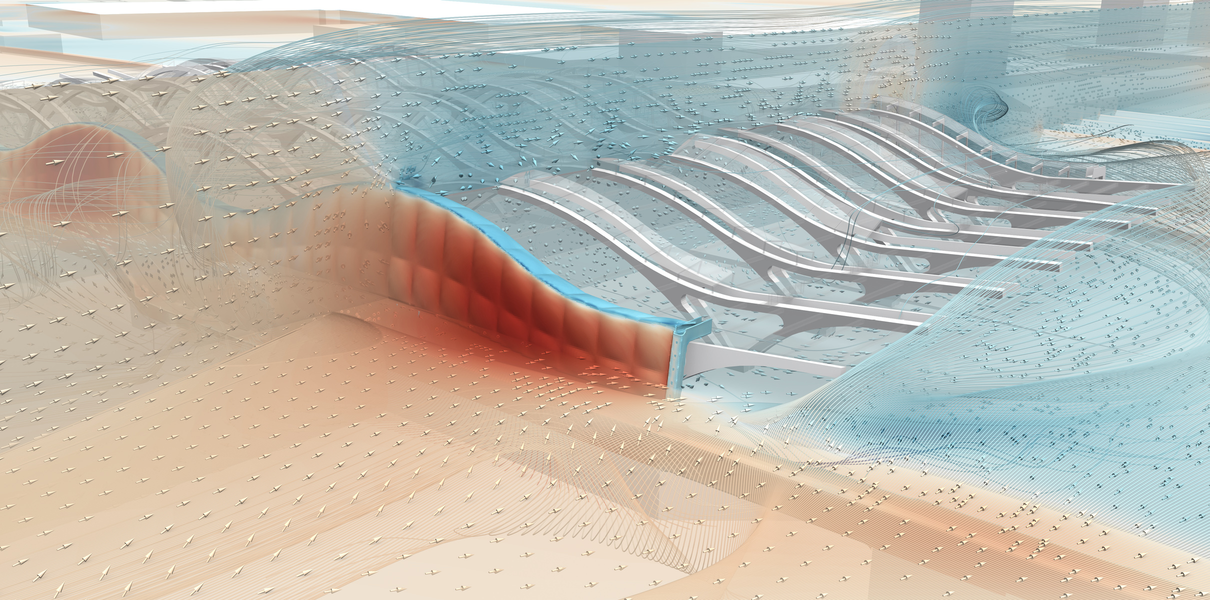Computed pressure contours and load vectors along a canopy edge