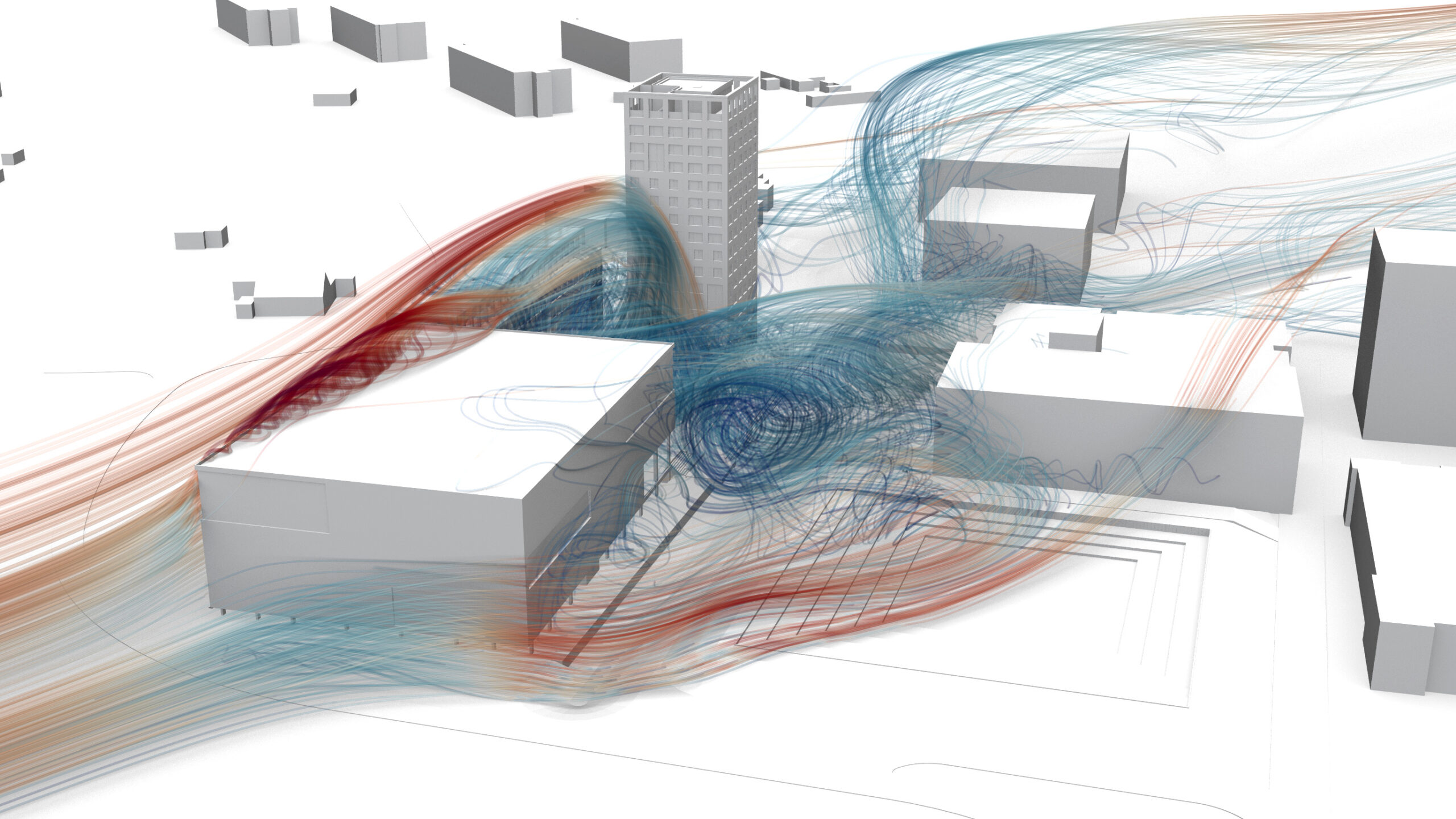 Streamlines around a cluster of high-rise buildings from a CFD simulation