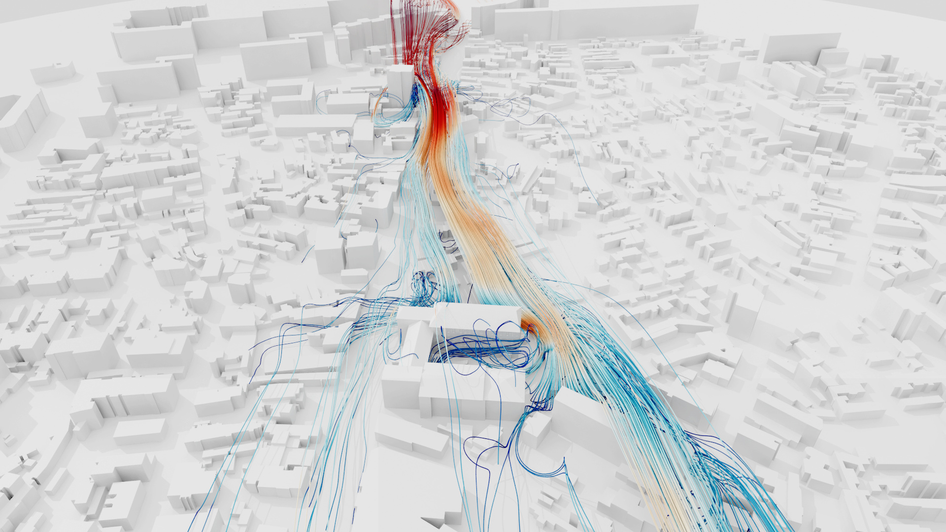 CFD streamlines around buildings at a candidate urban wind turbine location