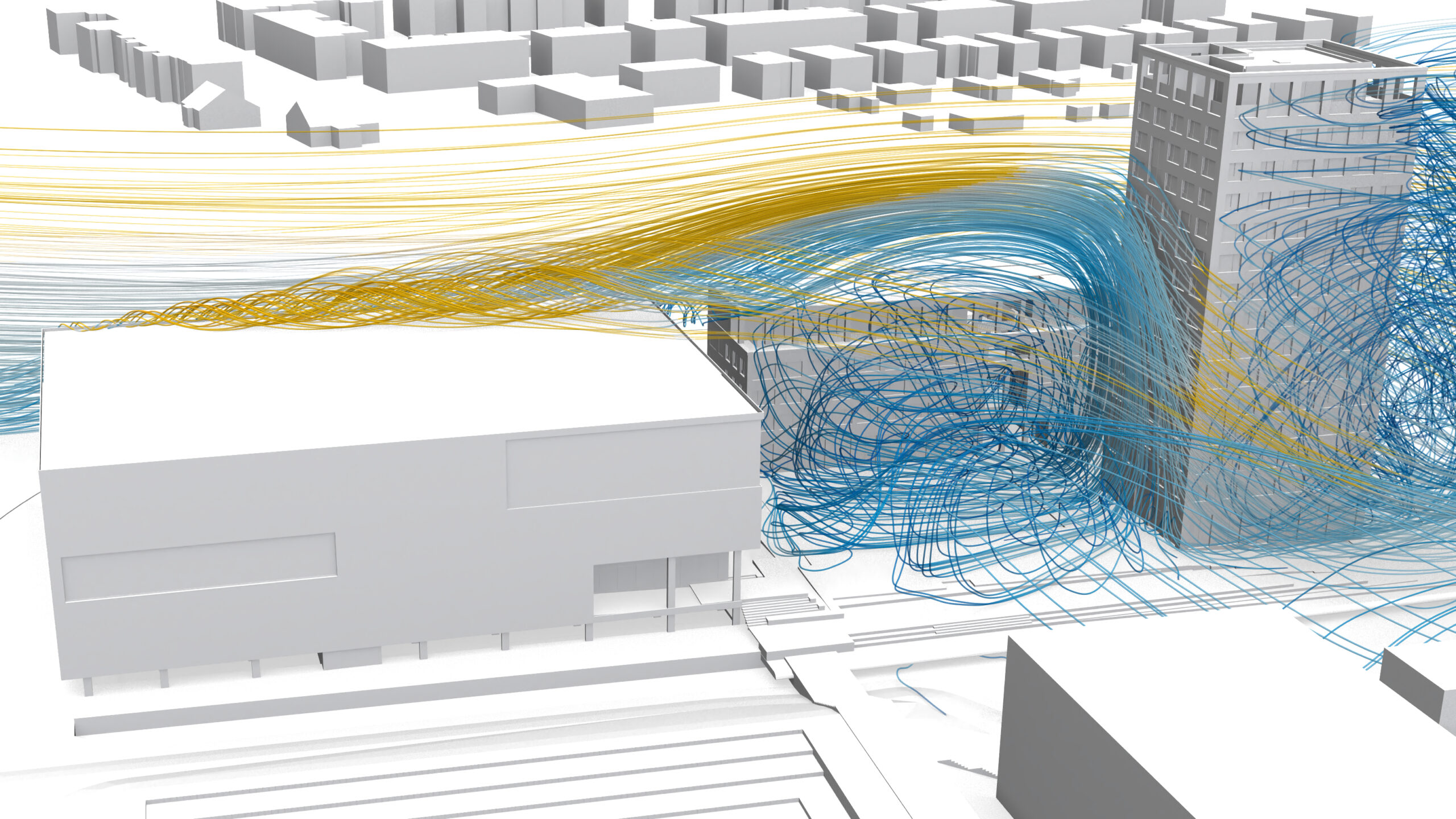 CFD streamlines showing downwash along the facade of a high-rise building