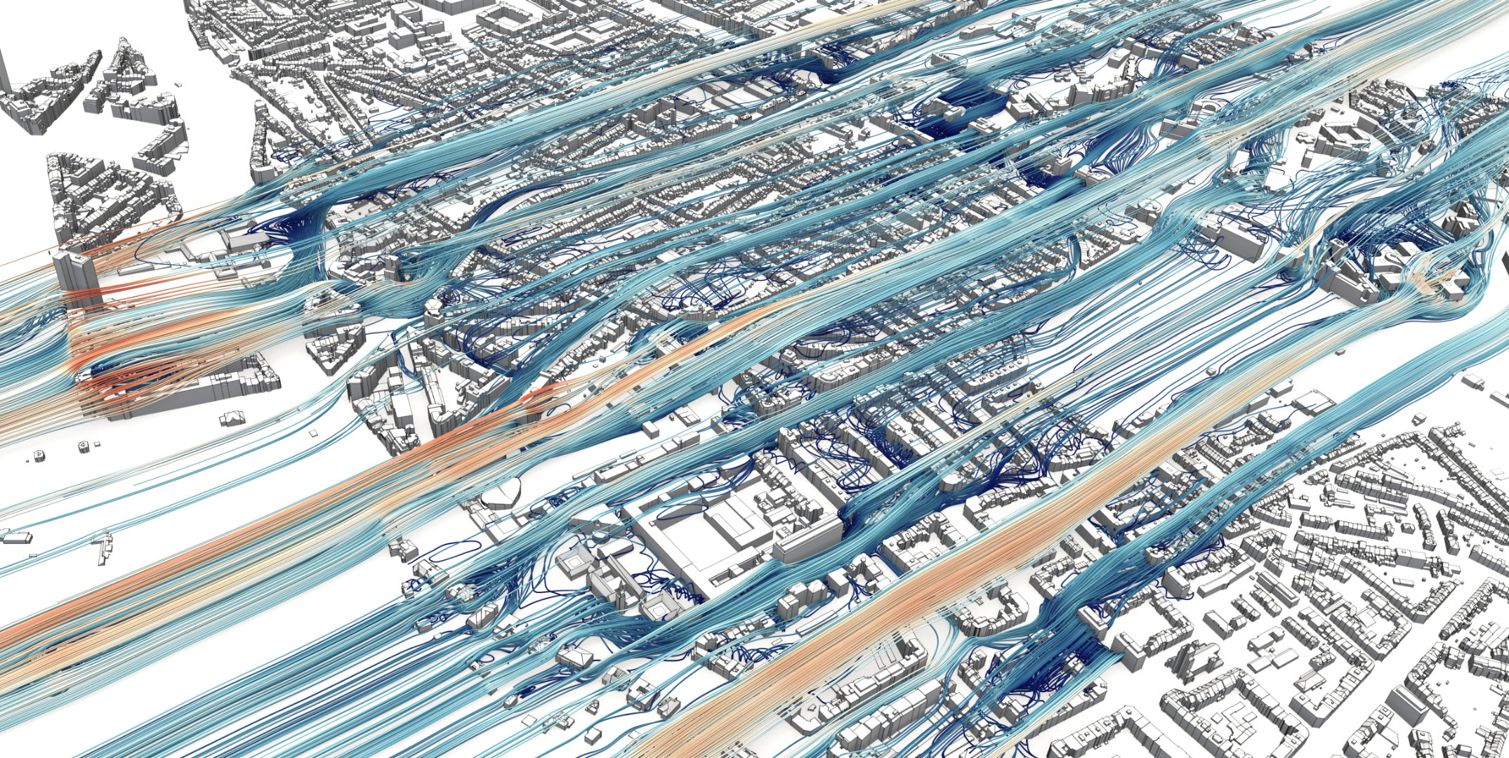 Simulated wind streamlines through the streets of the Ixelles district in Brussels