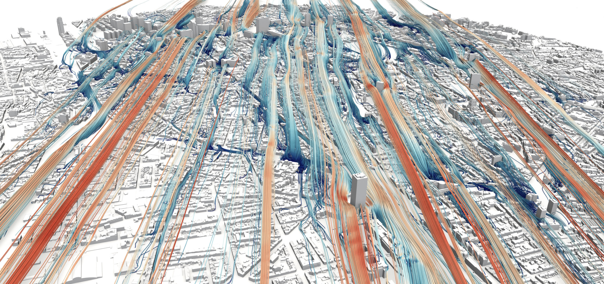 Streamlines of simulated wind flowing over the centre of Brussels