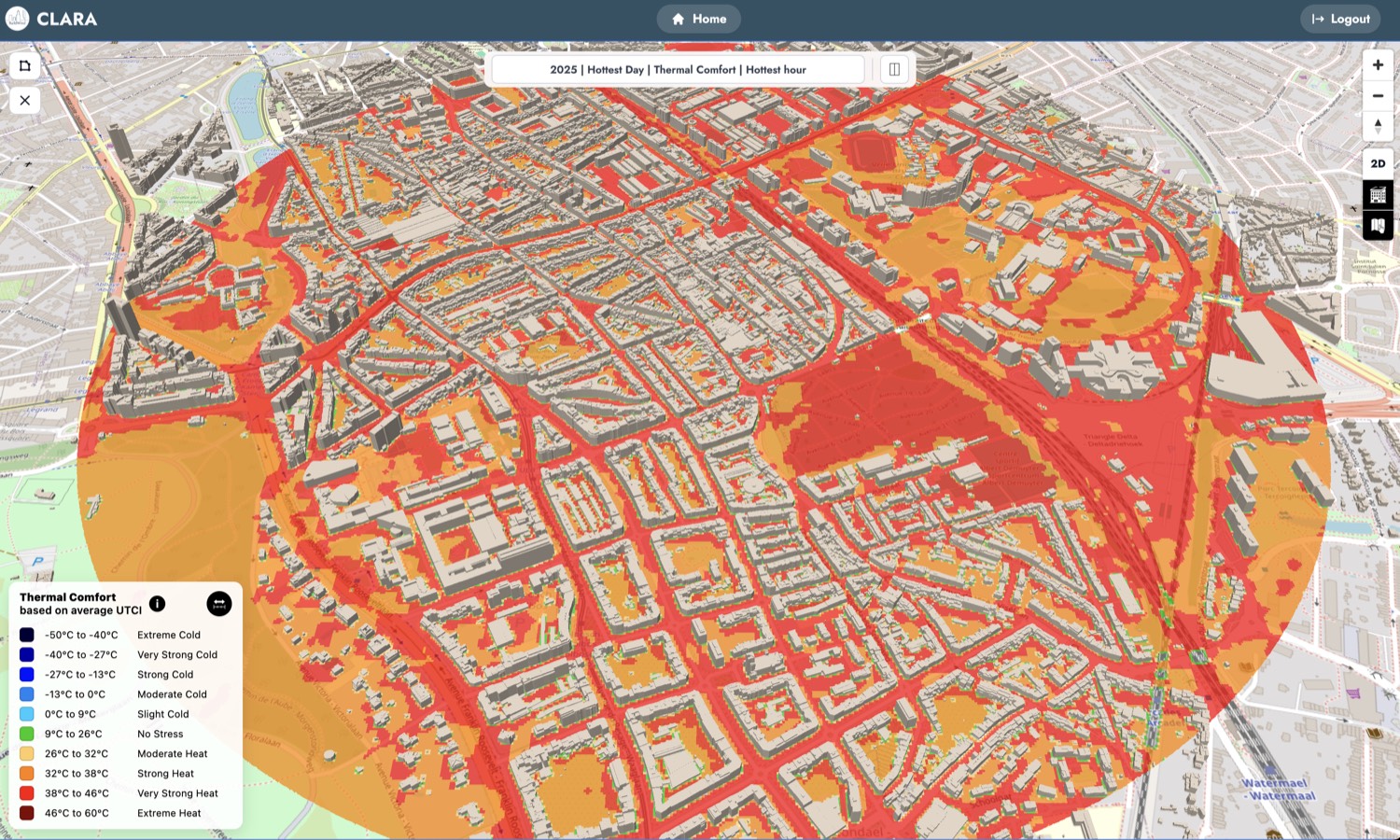 La plateforme CLARA affichant un jumeau numérique de l'environnement urbain